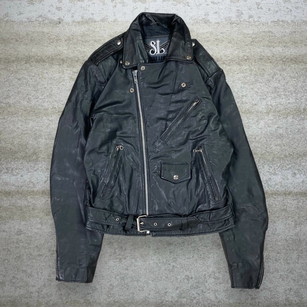 Vintage 90s Street Legal Genuine Leather Jacket Mens L Jet Black Insulated Zip